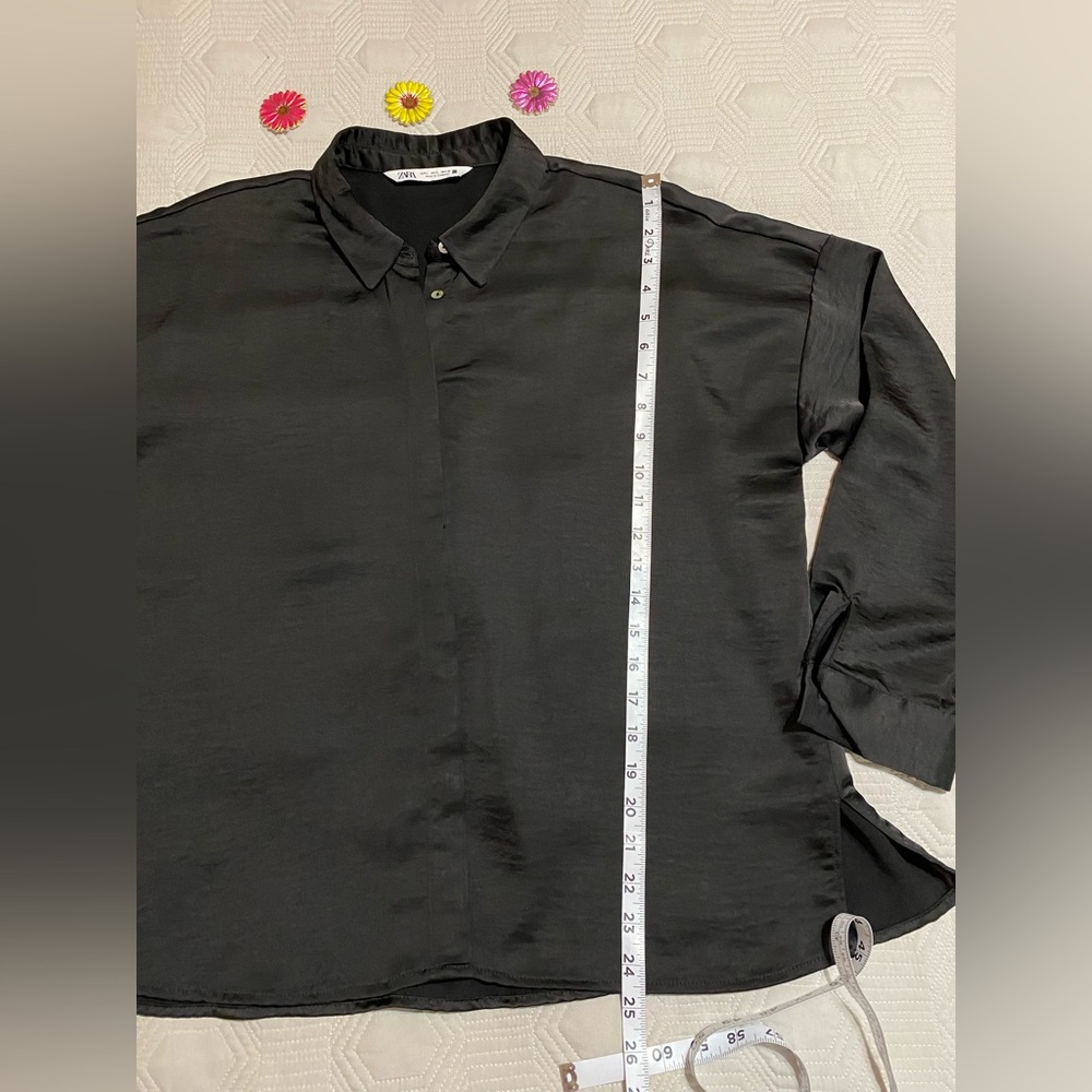 Zara Satin Black Button Down Shirt Womens Size L - Picture 8 of 10